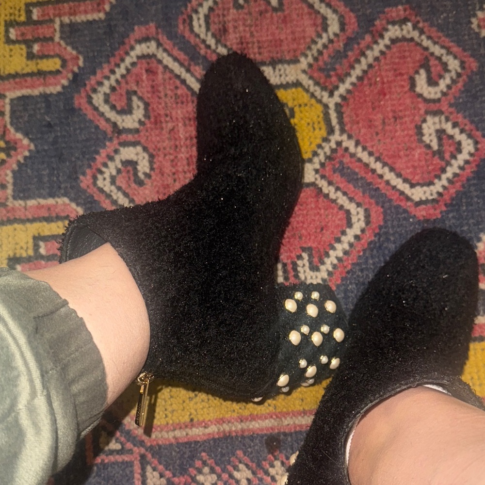 Stuart Weitzman Black Ankle Boots with Pearl Accents